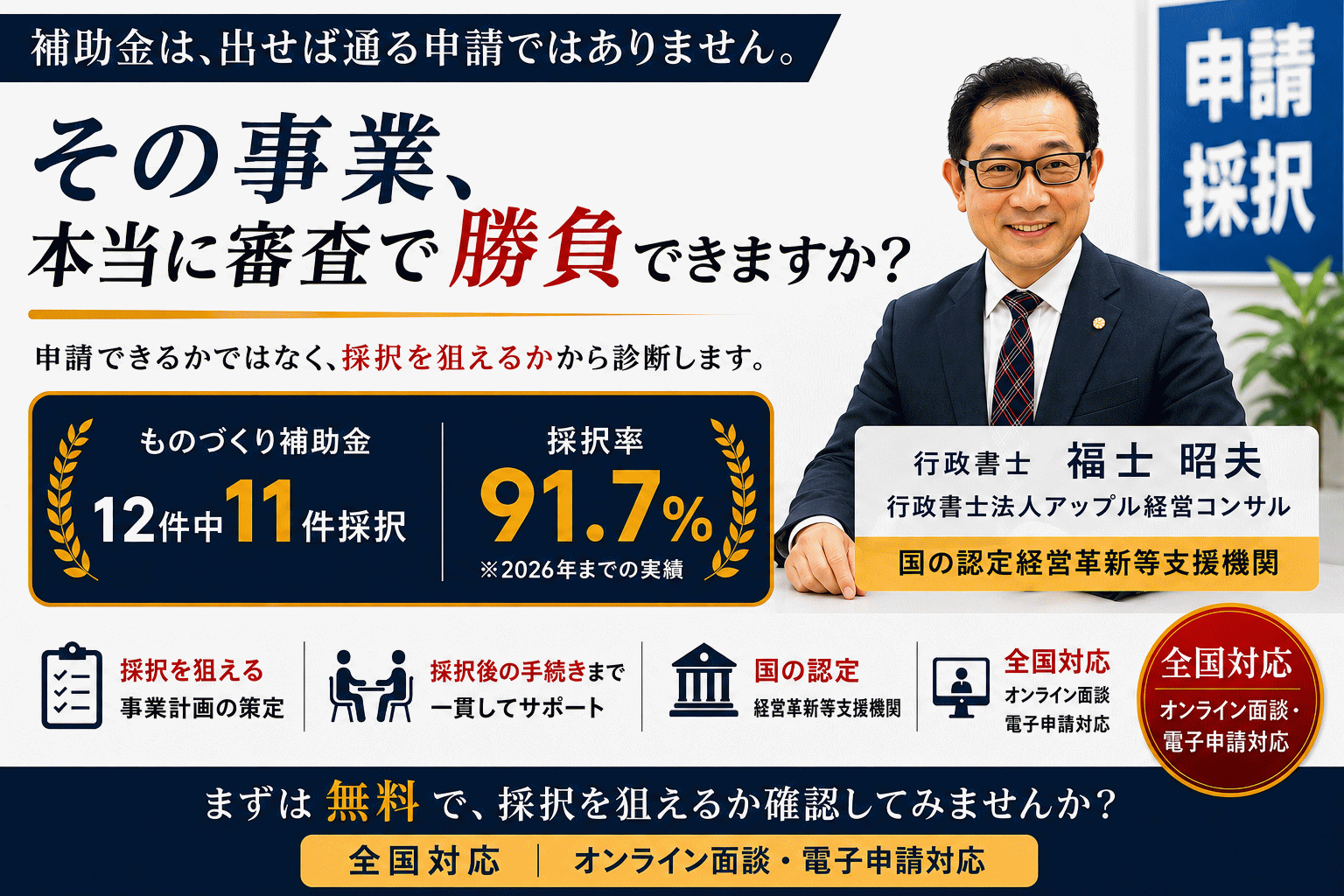 新事業進出 ものづくり補助金 申請支援 採択率91.7％ 行政書士法人アップル経営コンサル