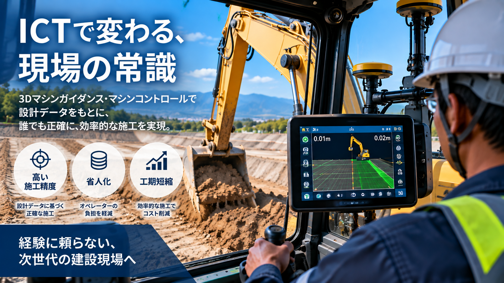ICT油圧ショベルの3Dマシンガイダンス施工イメージ