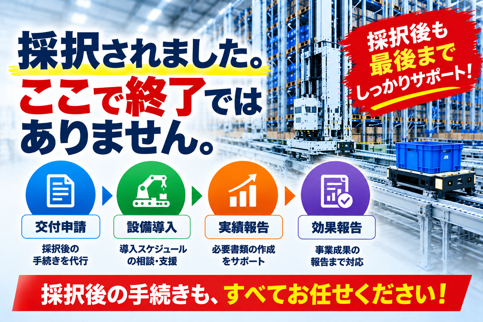 自動倉庫の補助金採択後の交付申請・設備導入・実績報告・効果報告